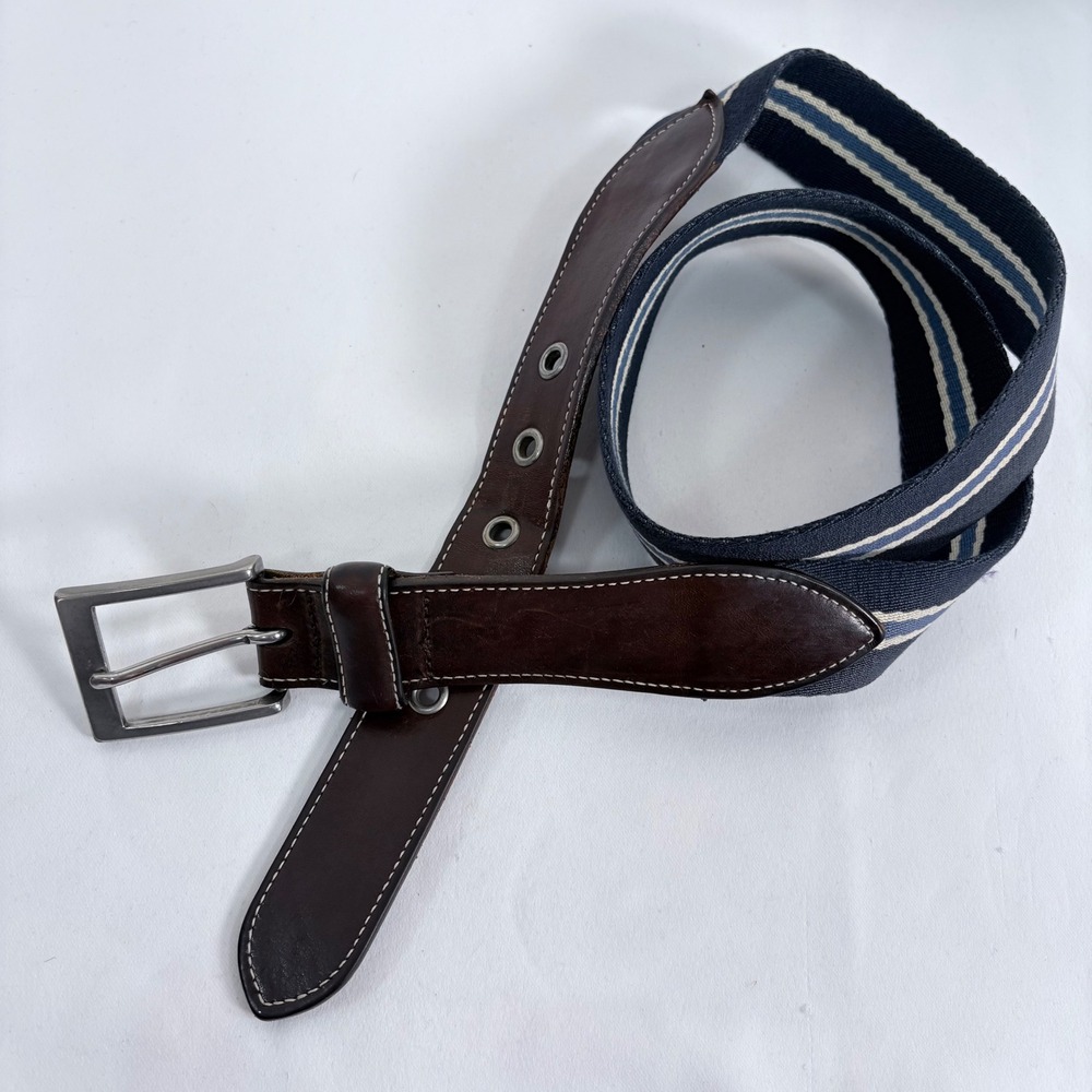 Eddie Bauer Belt Blue Brown Striped Canvas Leather Trim Made in Italy Vintage
